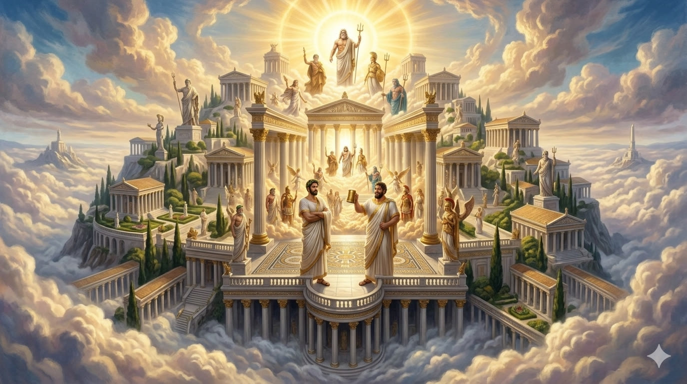 Two gods in white and gold robes in the cloud halls of Olympus