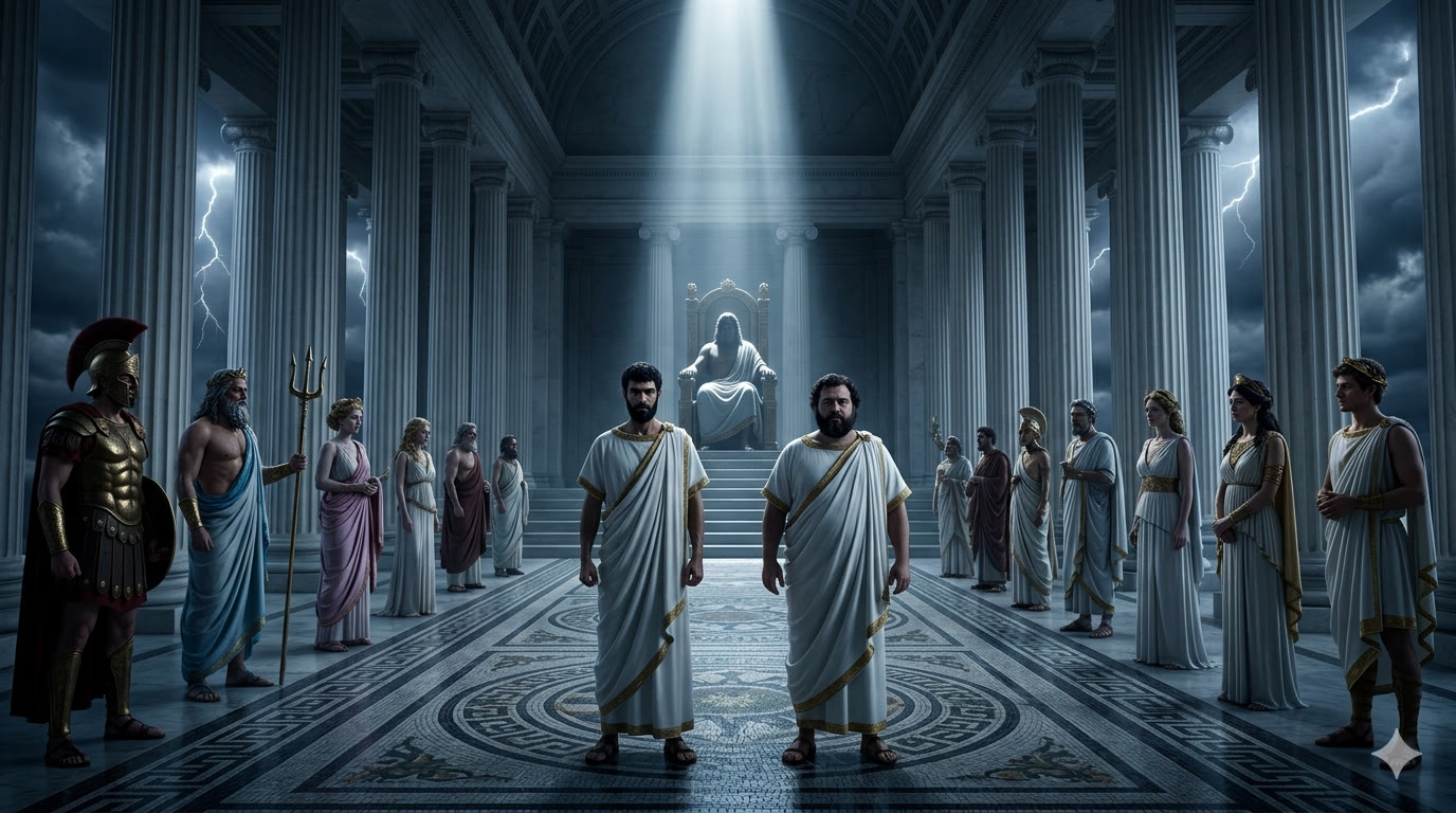 The two gods stand before the throne, the council on either side