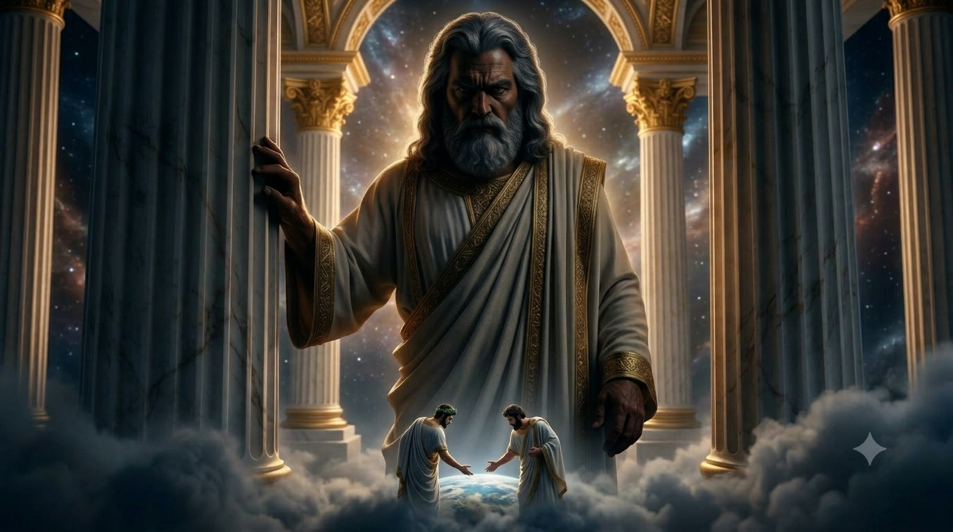 A towering god holds open the gates of Olympus above the Earth